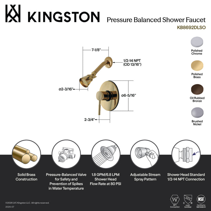 Kingston Sona KB8692DLSO - Concord Single-Handle Pressure Balanced Shower Faucet, Polished Brass