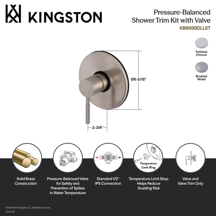 Kingston Sona KB8698DLLST Single-Handle Pressure Balanced Shower Valve and Trim Set, Brushed Nickel (Valve Included)