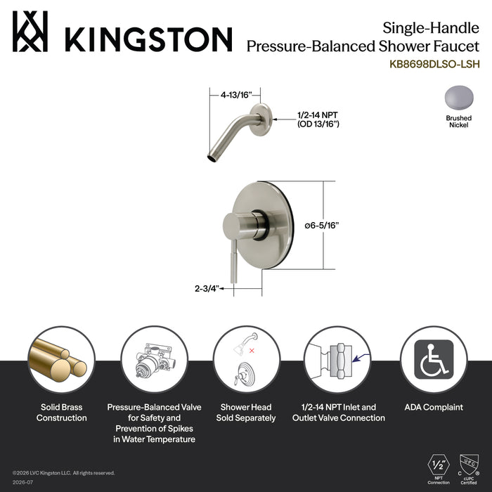 Kingston Sona KB8698DLSO-LSH Single-Handle Pressure Balanced Shower Faucet, without Shower Head, Brushed Nickel