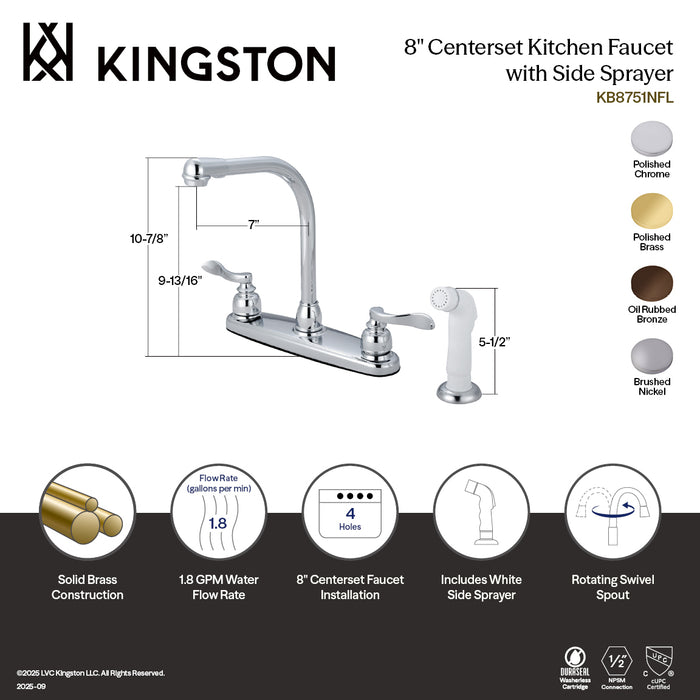 Kingston Tulare KB8755NFL - NuWave French Two-Handle 4-Hole 8" Centerset Kitchen Faucet with Side Sprayer, Oil Rubbed Bronze