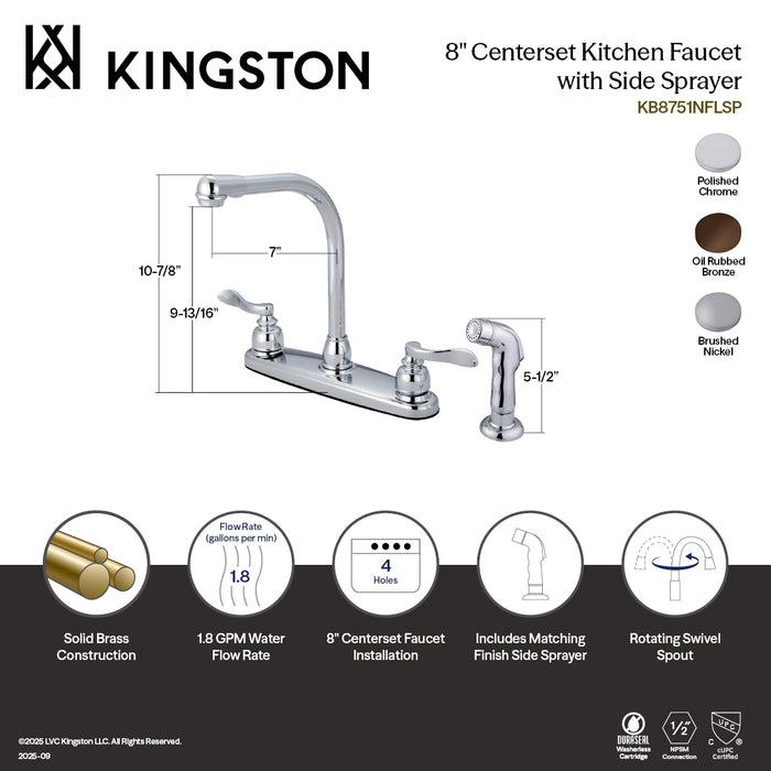 Kingston Tulare KB8758NFLSP - NuWave French Two-Handle 4-Hole 8" Centerset Kitchen Faucet with Side Sprayer, Brushed Nickel