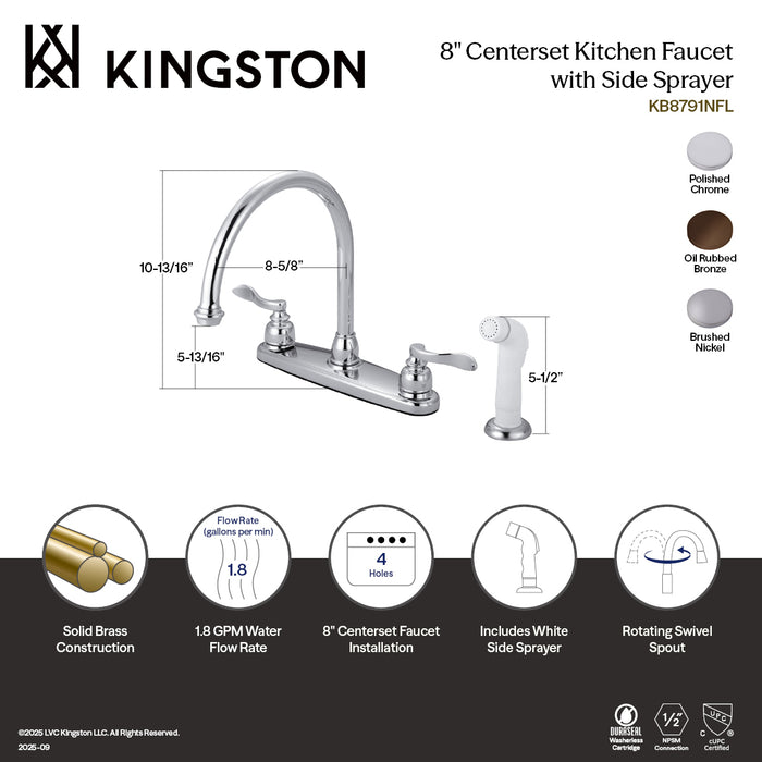 Kingston Tulare KB8791NFL - NuWave French Two-Handle 4-Hole 8" Centerset Kitchen Faucet with Side Sprayer, Polished Chrome