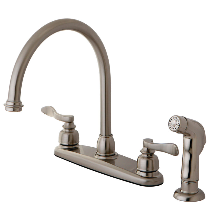 Kingston Tulare KB8798NFLSP - NuWave French Two-Handle 4-Hole 8" Centerset Kitchen Faucet with Side Sprayer, Brushed Nickel
