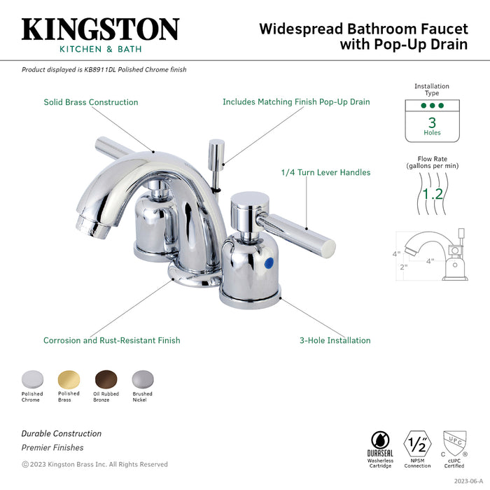 Concord KB8911DL Two-Handle 3-Hole Deck Mount Widespread Bathroom Faucet with Plastic Pop-Up, Polished Chrome