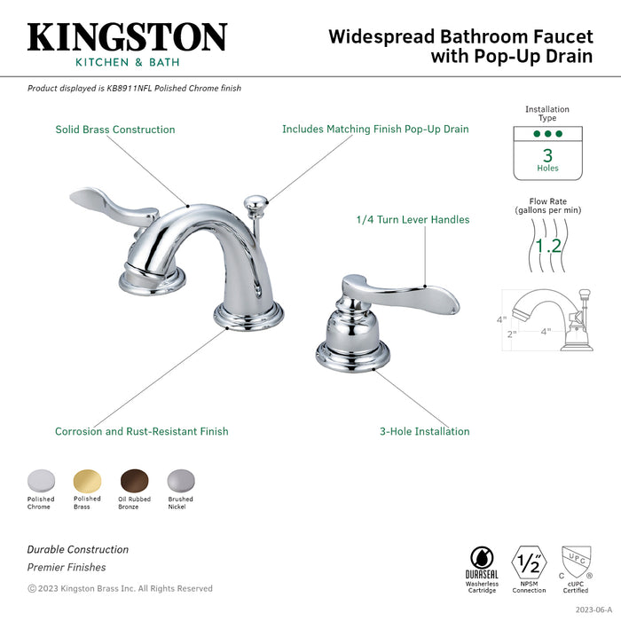 NuWave French KB8911NFL Two-Handle 3-Hole Deck Mount Widespread Bathroom Faucet with Plastic Pop-Up, Polished Chrome
