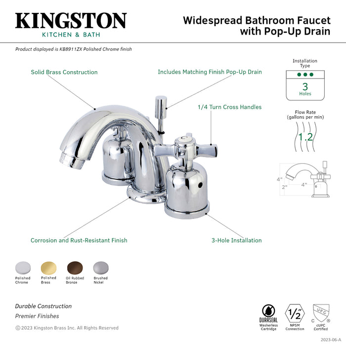 Millennium KB8911ZX Two-Handle 3-Hole Deck Mount Widespread Bathroom Faucet with Plastic Pop-Up, Polished Chrome