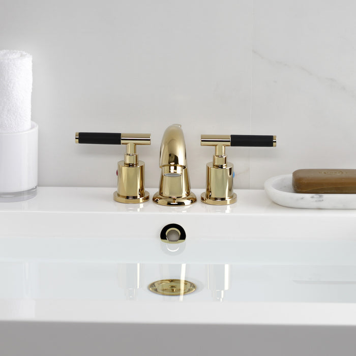 Kingston Tulare KB8912CKL - Kaiser Two-Handle 3-Hole Deck Mount Widespread Bathroom Faucet with Pop-Up Drain, Polished Brass