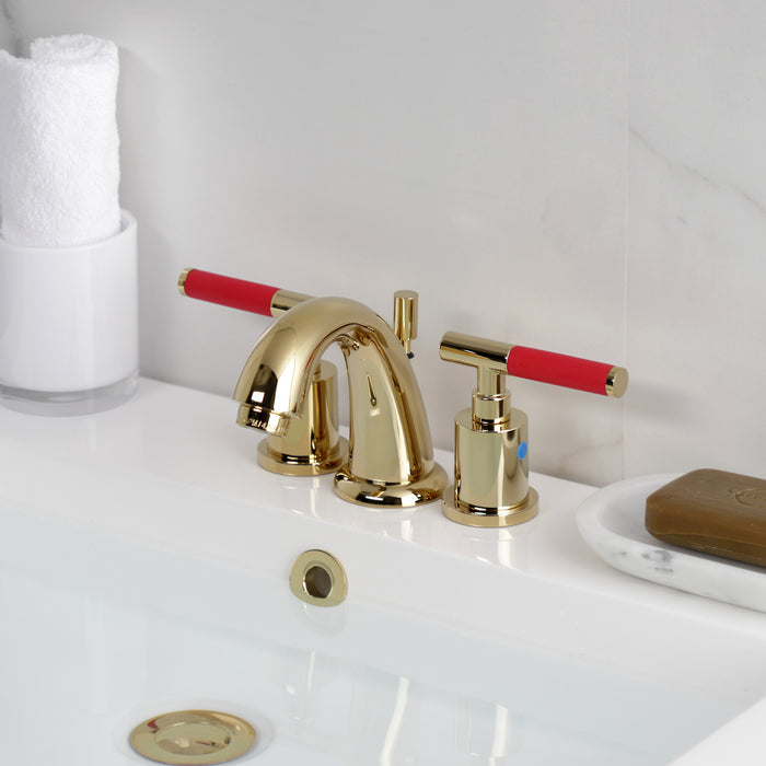 Kingston Tulare KB8912CKL - Kaiser Two-Handle 3-Hole Deck Mount Widespread Bathroom Faucet with Pop-Up Drain, Polished Brass