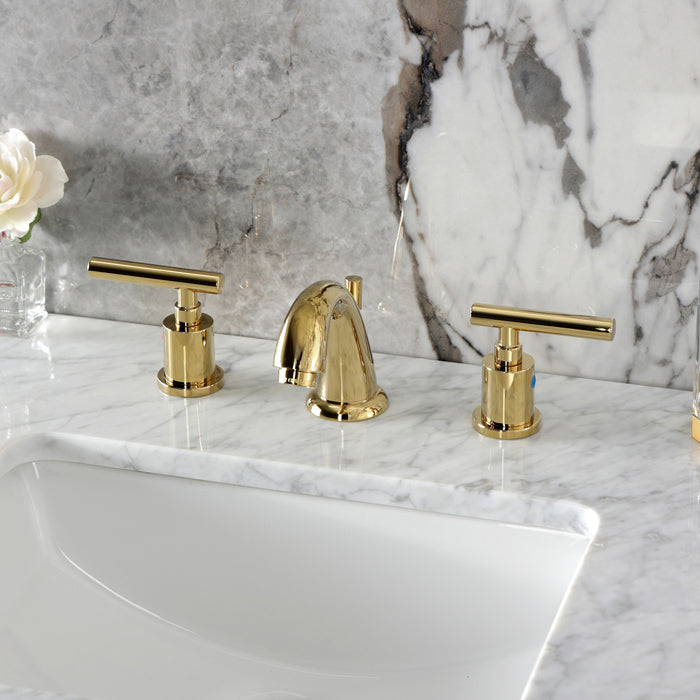 Kingston Tulare KB8912CML - Manhattan Two-Handle 3-Hole Deck Mount Widespread Bathroom Faucet with Pop-Up Drain, Polished Brass