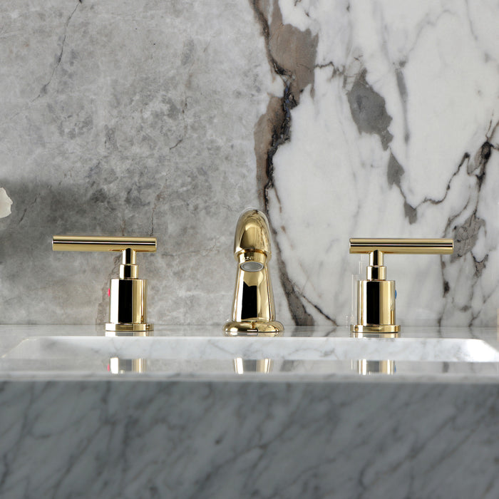 Kingston Tulare KB8912CML - Manhattan Two-Handle 3-Hole Deck Mount Widespread Bathroom Faucet with Pop-Up Drain, Polished Brass