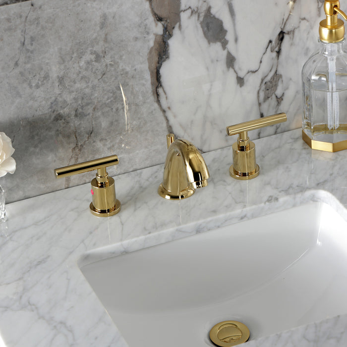 Kingston Tulare KB8912CML - Manhattan Two-Handle 3-Hole Deck Mount Widespread Bathroom Faucet with Pop-Up Drain, Polished Brass