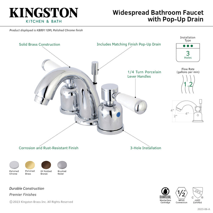Paris KB8912DPL Two-Handle 3-Hole Deck Mount Widespread Bathroom Faucet with Plastic Pop-Up, Polished Brass