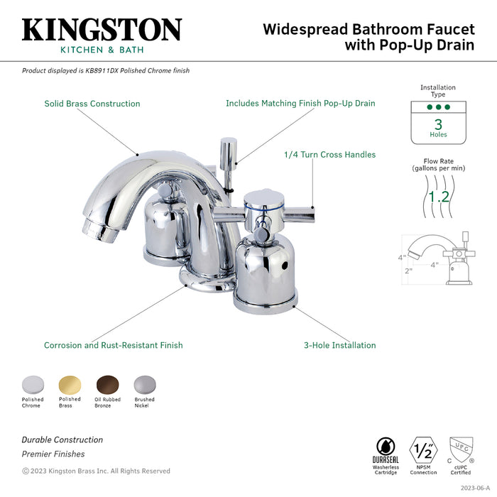 Concord KB8912DX Two-Handle 3-Hole Deck Mount Widespread Bathroom Faucet with Plastic Pop-Up, Polished Brass