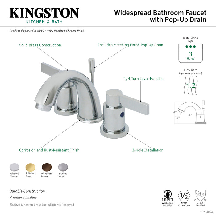 Kingston Tulare KB8912NDL - NuvoFusion Two-Handle 3-Hole Deck Mount Widespread Bathroom Faucet with Pop-Up Drain, Polished Brass