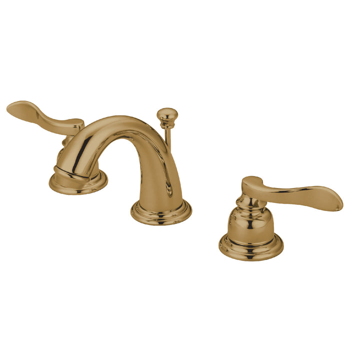 NuWave French KB8912NFL Two-Handle 3-Hole Deck Mount Widespread Bathroom Faucet with Plastic Pop-Up, Polished Brass
