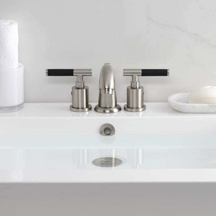 Kingston Tulare KB8918CKL - Kaiser Two-Handle 3-Hole Deck Mount Widespread Bathroom Faucet with Pop-Up Drain, Brushed Nickel