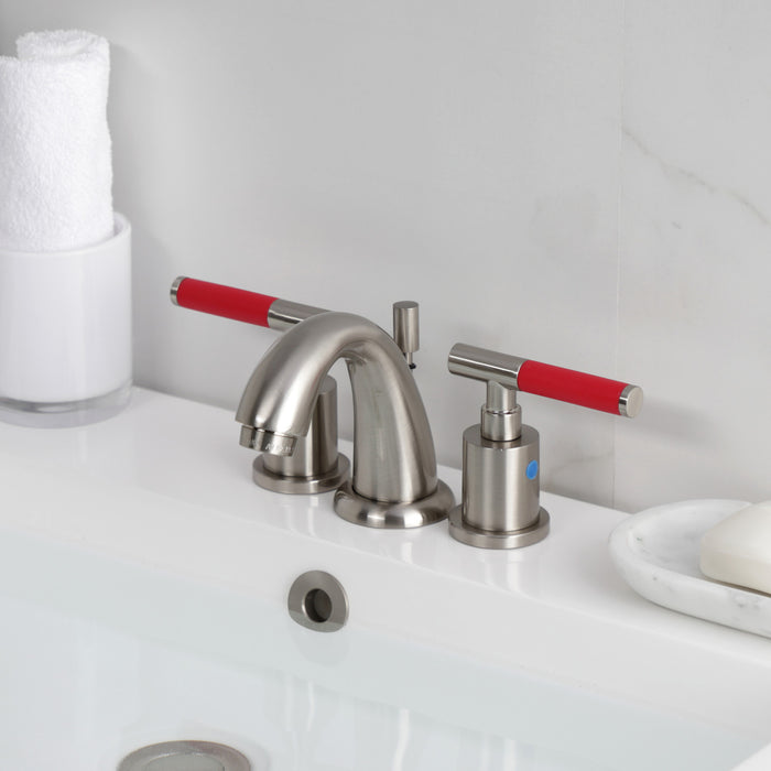 Kingston Tulare KB8918CKL - Kaiser Two-Handle 3-Hole Deck Mount Widespread Bathroom Faucet with Pop-Up Drain, Brushed Nickel