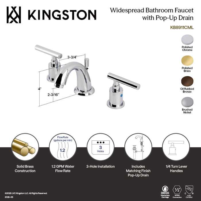 Kingston Tulare KB8918CML - Manhattan Two-Handle 3-Hole Deck Mount Widespread Bathroom Faucet with Pop-Up Drain, Brushed Nickel