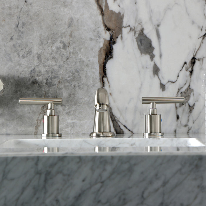 Kingston Tulare KB8918CML - Manhattan Two-Handle 3-Hole Deck Mount Widespread Bathroom Faucet with Pop-Up Drain, Brushed Nickel