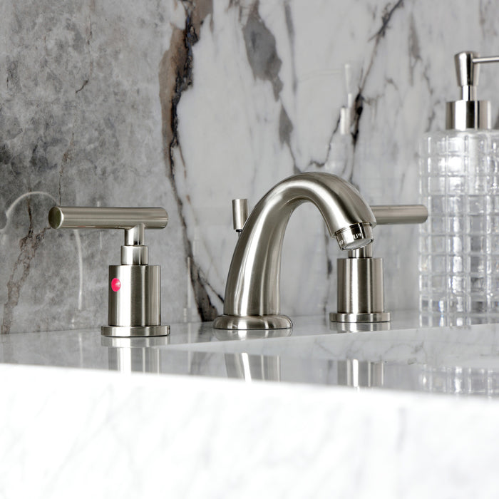 Kingston Tulare KB8918CML - Manhattan Two-Handle 3-Hole Deck Mount Widespread Bathroom Faucet with Pop-Up Drain, Brushed Nickel