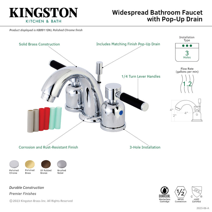 Kingston Tulare KB8918DKL - Kaiser Two-Handle 3-Hole Deck Mount Widespread Bathroom Faucet with Pop-Up Drain, Brushed Nickel