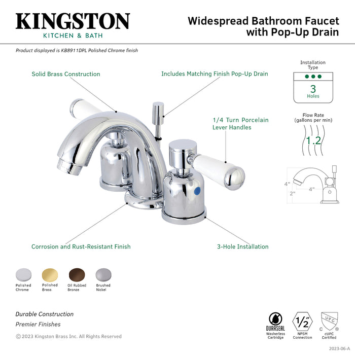 Kingston Tulare KB8918DPL - Paris Two-Handle 3-Hole Deck Mount Widespread Bathroom Faucet with Pop-Up Drain, Brushed Nickel