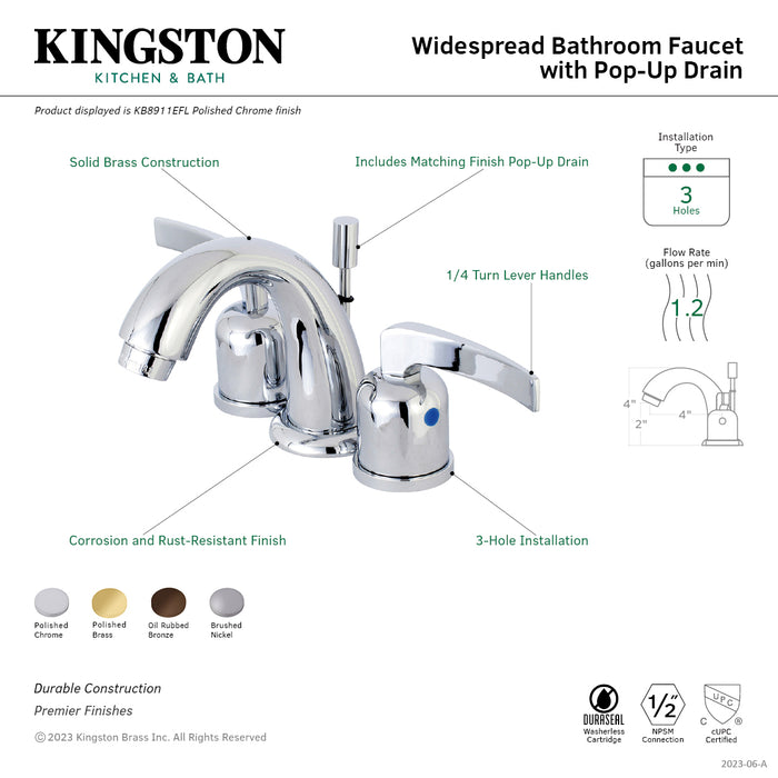 Kingston Tulare KB8918EFL - Centurion Two-Handle 3-Hole Deck Mount Widespread Bathroom Faucet with Pop-Up Drain, Brushed Nickel