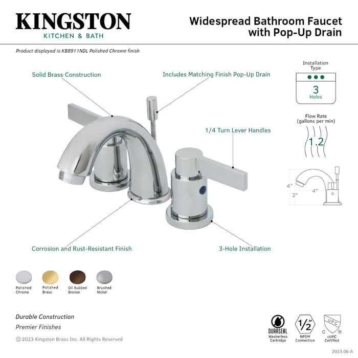 NuvoFusion KB8918NDL Two-Handle 3-Hole Deck Mount Widespread Bathroom Faucet with Plastic Pop-Up, Brushed Nickel