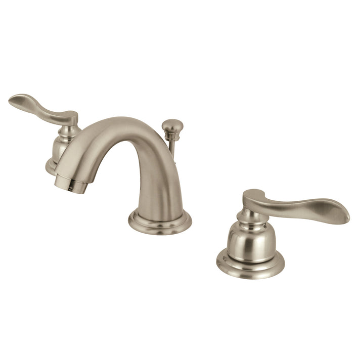NuWave French KB8918NFL Two-Handle 3-Hole Deck Mount Widespread Bathroom Faucet with Plastic Pop-Up, Brushed Nickel