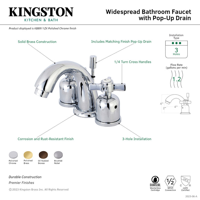 Kingston Tulare KB8918ZX - Millennium Two-Handle 3-Hole Deck Mount Widespread Bathroom Faucet with Pop-Up Drain, Brushed Nickel