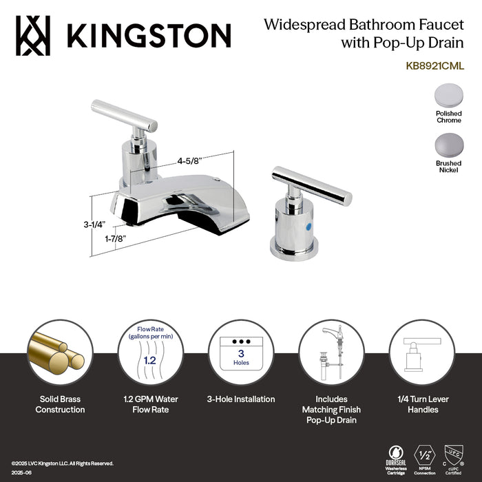 Kingston Tulare KB8921CML - Manhattan Two-Handle 3-Hole Deck Mount Widespread Bathroom Faucet with Pop-Up Drain, Polished Chrome