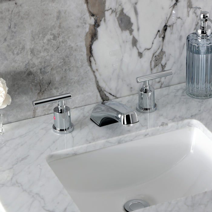 Kingston Tulare KB8921CML - Manhattan Two-Handle 3-Hole Deck Mount Widespread Bathroom Faucet with Pop-Up Drain, Polished Chrome