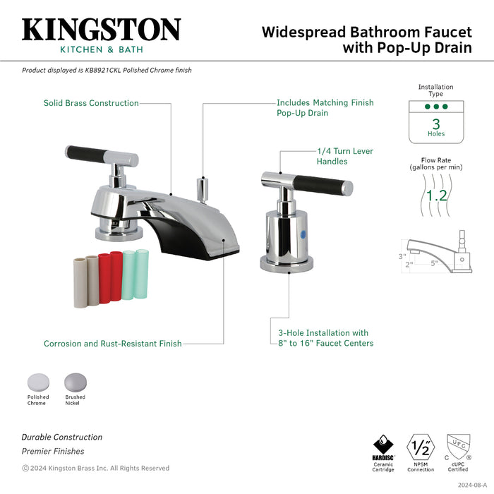Kingston Tulare KB8928CKL - Kaiser Two-Handle 3-Hole Deck Mount Widespread Bathroom Faucet with Pop-Up Drain, Brushed Nickel