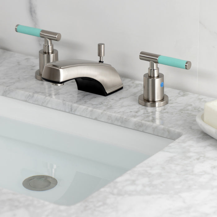 Kingston Tulare KB8928CKL - Kaiser Two-Handle 3-Hole Deck Mount Widespread Bathroom Faucet with Pop-Up Drain, Brushed Nickel