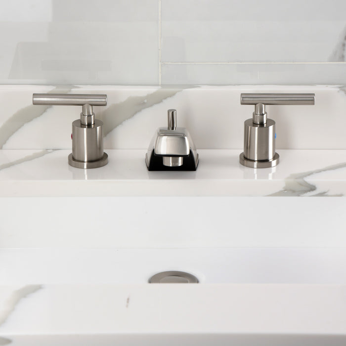 Kingston Tulare KB8928CML - Manhattan Two-Handle 3-Hole Deck Mount Widespread Bathroom Faucet with Pop-Up Drain, Brushed Nickel