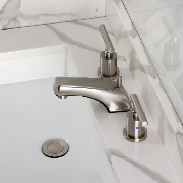 Kingston Tulare KB8928CML - Manhattan Two-Handle 3-Hole Deck Mount Widespread Bathroom Faucet with Pop-Up Drain, Brushed Nickel