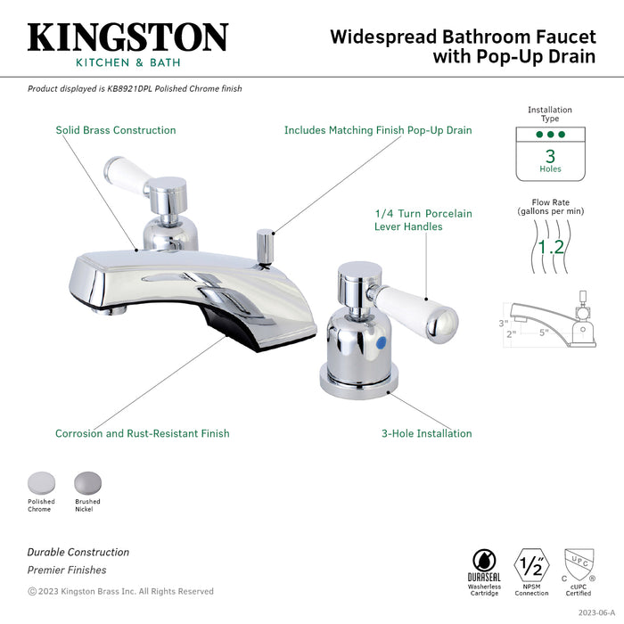 Paris KB8928DPL Two-Handle 3-Hole Deck Mount Widespread Bathroom Faucet with Plastic Pop-Up, Brushed Nickel