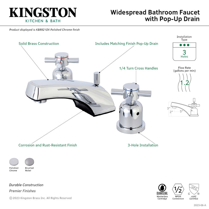 Kingston Tulare KB8928DX - Concord Two-Handle 3-Hole Deck Mount Widespread Bathroom Faucet with Pop-Up Drain, Brushed Nickel