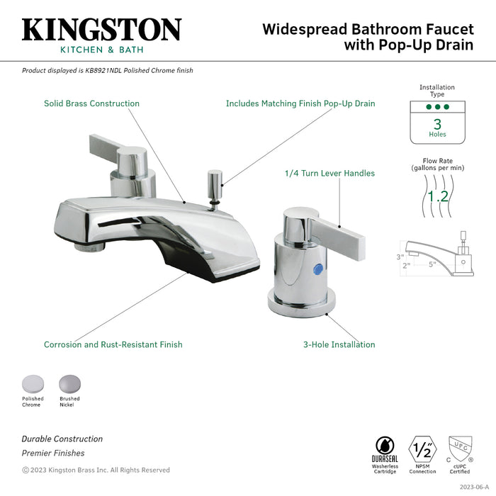 Kingston Tulare KB8928NDL - NuvoFusion Two-Handle 3-Hole Deck Mount Widespread Bathroom Faucet with Pop-Up Drain, Brushed Nickel