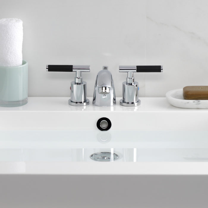 Kingston Tulare KB8951CKL - Kaiser Two-Handle 3-Hole Deck Mount Mini-Widespread Bathroom Faucet with Pop-Up Drain, Polished Chrome