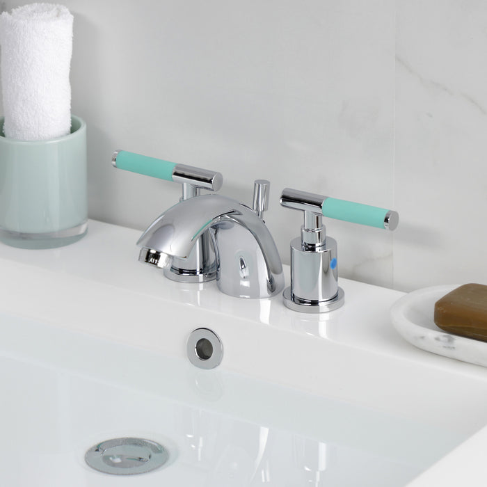 Kingston Tulare KB8951CKL - Kaiser Two-Handle 3-Hole Deck Mount Mini-Widespread Bathroom Faucet with Pop-Up Drain, Polished Chrome