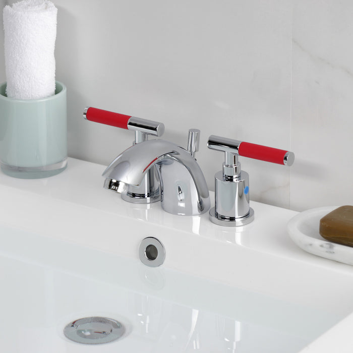 Kingston Tulare KB8951CKL - Kaiser Two-Handle 3-Hole Deck Mount Mini-Widespread Bathroom Faucet with Pop-Up Drain, Polished Chrome
