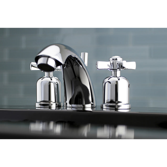 Kingston Tulare KB8951ZX - Millennium Two-Handle 3-Hole Deck Mount Mini-Widespread Bathroom Faucet with Pop-Up Drain, Polished Chrome