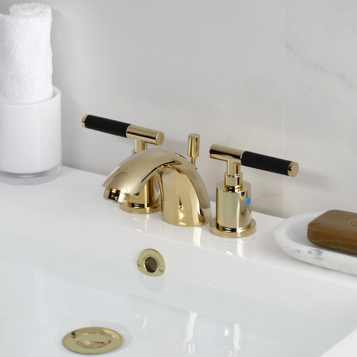 Kingston Tulare KB8952CKL - Kaiser Two-Handle 3-Hole Deck Mount Mini-Widespread Bathroom Faucet with Pop-Up Drain, Polished Brass