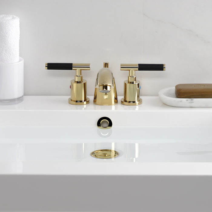 Kingston Tulare KB8952CKL - Kaiser Two-Handle 3-Hole Deck Mount Mini-Widespread Bathroom Faucet with Pop-Up Drain, Polished Brass