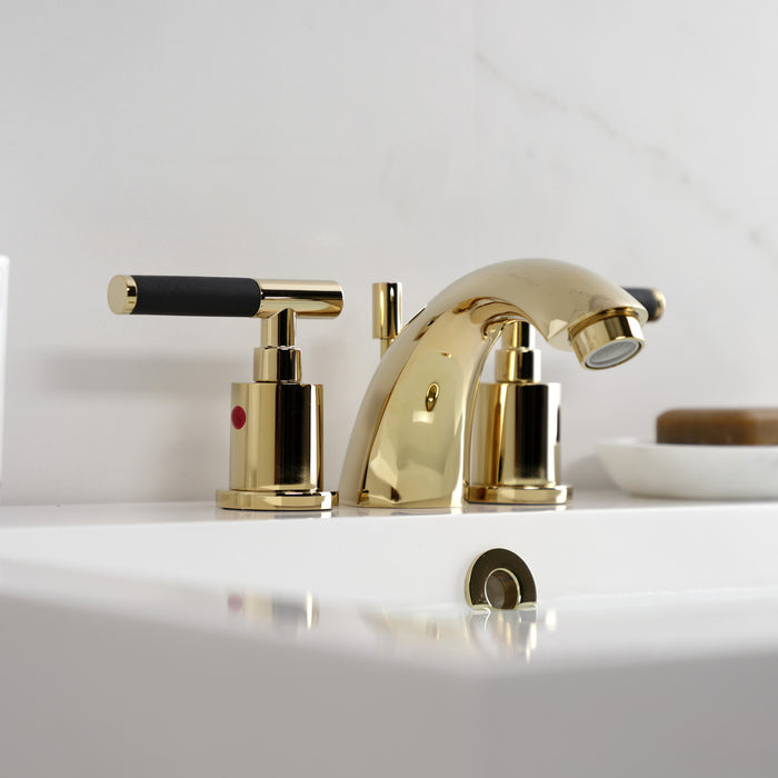 Kingston Tulare KB8952CKL - Kaiser Two-Handle 3-Hole Deck Mount Mini-Widespread Bathroom Faucet with Pop-Up Drain, Polished Brass