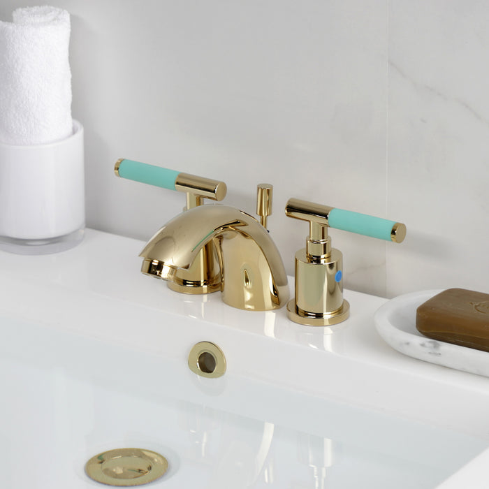 Kingston Tulare KB8952CKL - Kaiser Two-Handle 3-Hole Deck Mount Mini-Widespread Bathroom Faucet with Pop-Up Drain, Polished Brass