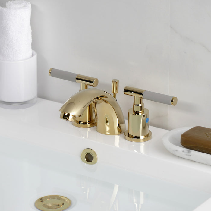 Kingston Tulare KB8952CKL - Kaiser Two-Handle 3-Hole Deck Mount Mini-Widespread Bathroom Faucet with Pop-Up Drain, Polished Brass