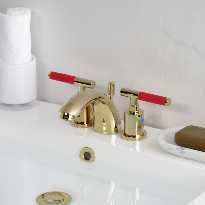 Kingston Tulare KB8952CKL - Kaiser Two-Handle 3-Hole Deck Mount Mini-Widespread Bathroom Faucet with Pop-Up Drain, Polished Brass