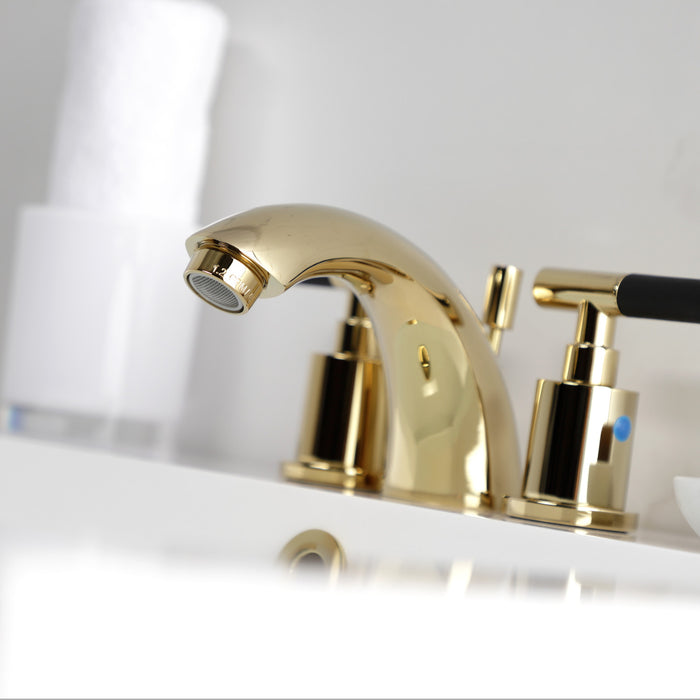 Kingston Tulare KB8952CKL - Kaiser Two-Handle 3-Hole Deck Mount Mini-Widespread Bathroom Faucet with Pop-Up Drain, Polished Brass